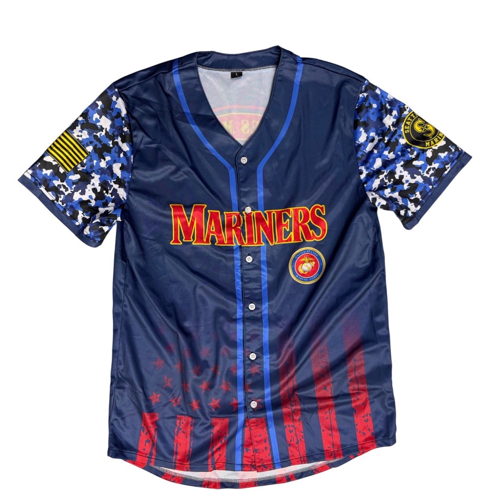 Seattle Mariners‎ US Marine Corps USMC Baseball Jersey Navy Camo Mens Size Large